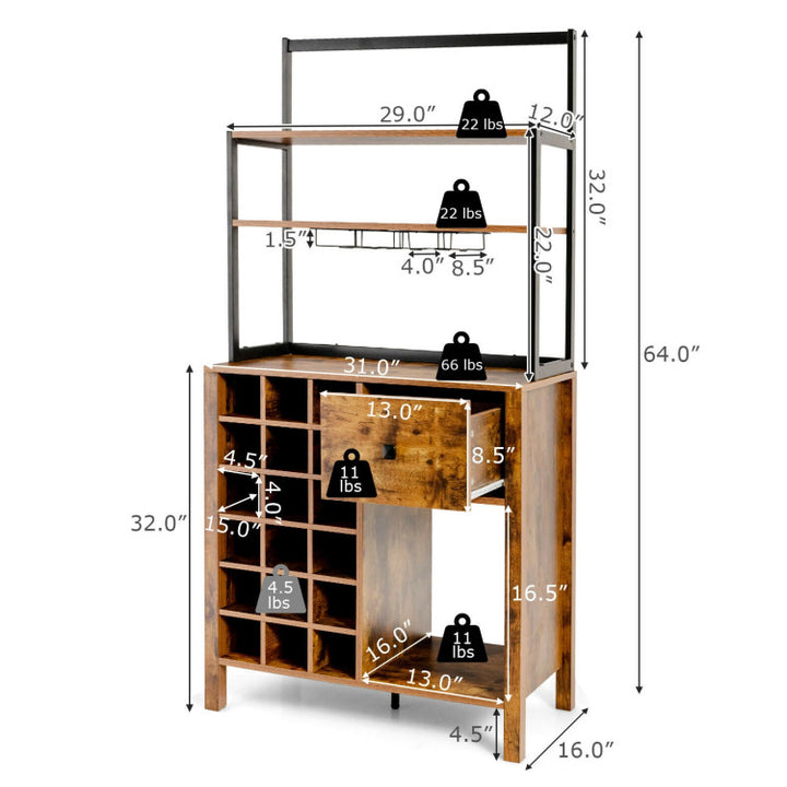 Multifunctional Wine Bakers Rack Table Kitchen Freestanding Floor Bar Cabinet with Glass Holder and Drawer for Dining Room