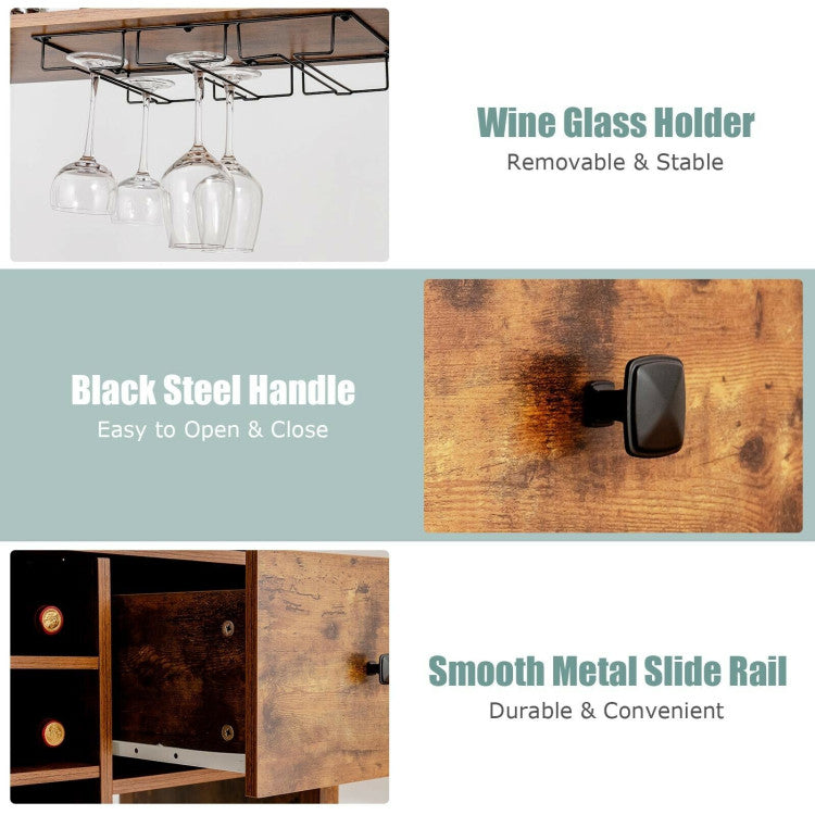 Multifunctional Wine Bakers Rack Table Kitchen Freestanding Floor Bar Cabinet with Glass Holder and Drawer for Dining Room