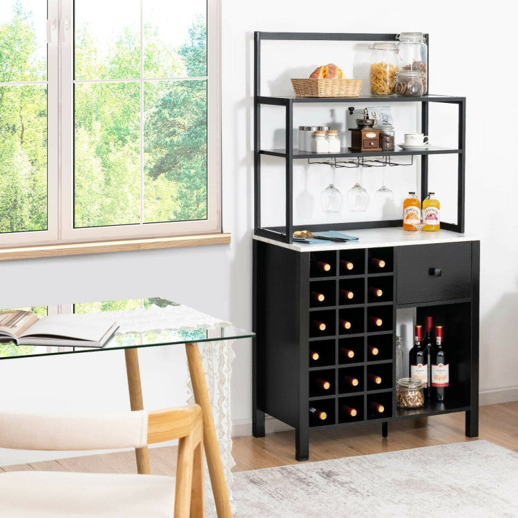 Multifunctional Wine Bakers Rack Table Kitchen Freestanding Floor Bar Cabinet with Glass Holder and Drawer for Dining Room