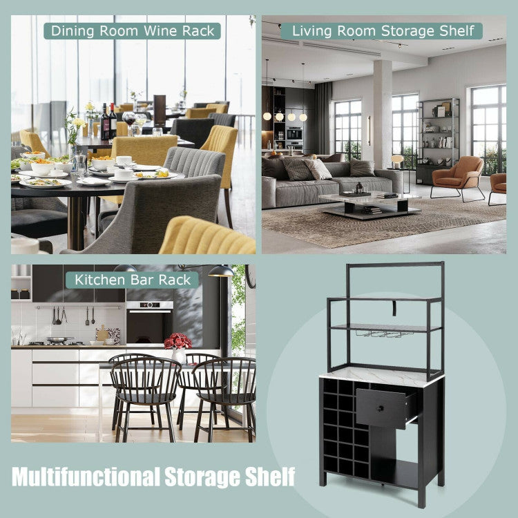 Multifunctional Wine Bakers Rack Table Kitchen Freestanding Floor Bar Cabinet with Glass Holder and Drawer for Dining Room