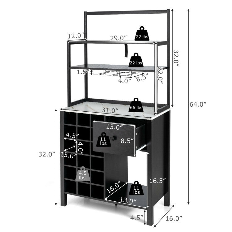 Multifunctional Wine Bakers Rack Table Kitchen Freestanding Floor Bar Cabinet with Glass Holder and Drawer for Dining Room