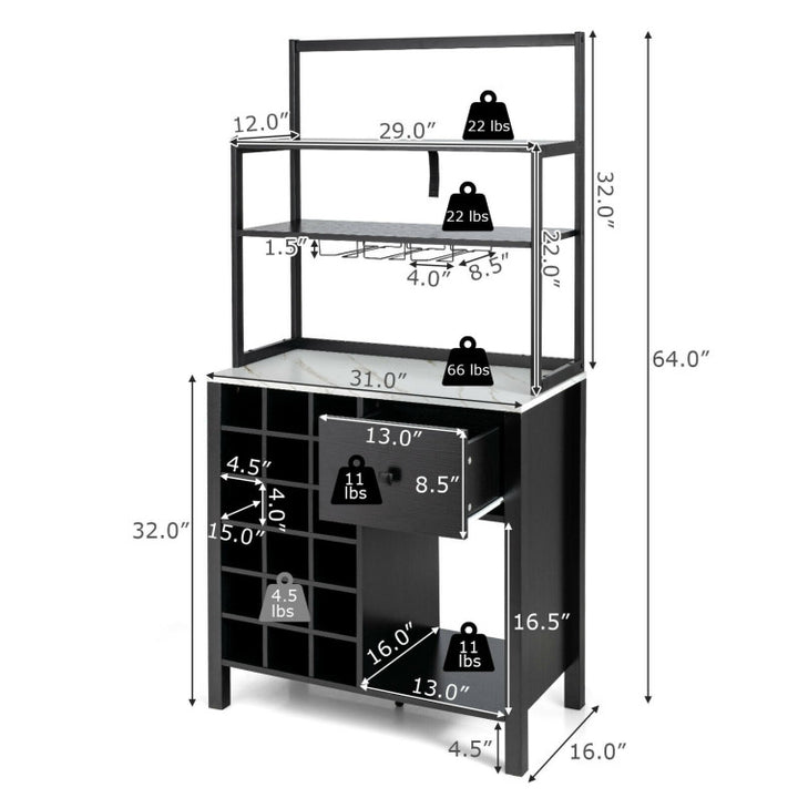 Multifunctional Wine Bakers Rack Table Kitchen Freestanding Floor Bar Cabinet with Glass Holder and Drawer for Dining Room