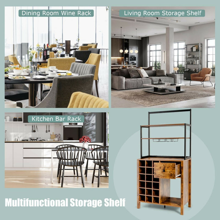 Multifunctional Wine Bakers Rack Table Kitchen Freestanding Floor Bar Cabinet with Glass Holder and Drawer for Dining Room