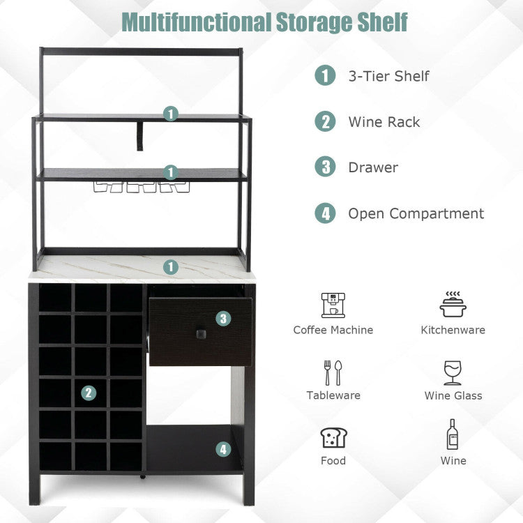 Multifunctional Wine Bakers Rack Table Kitchen Freestanding Floor Bar Cabinet with Glass Holder and Drawer for Dining Room