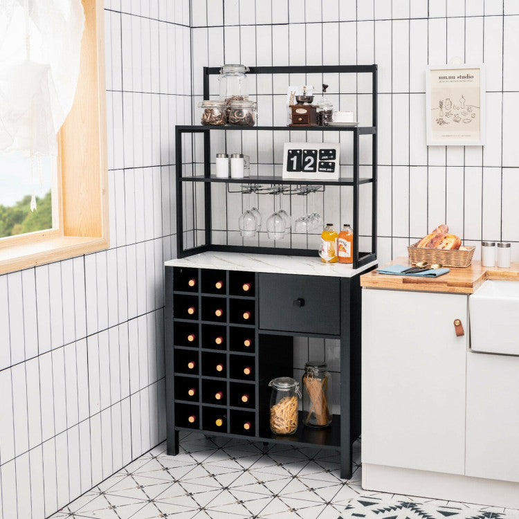 Multifunctional Wine Bakers Rack Table Kitchen Freestanding Floor Bar Cabinet with Glass Holder and Drawer for Dining Room