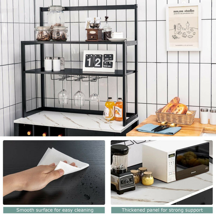 Multifunctional Wine Bakers Rack Table Kitchen Freestanding Floor Bar Cabinet with Glass Holder and Drawer for Dining Room