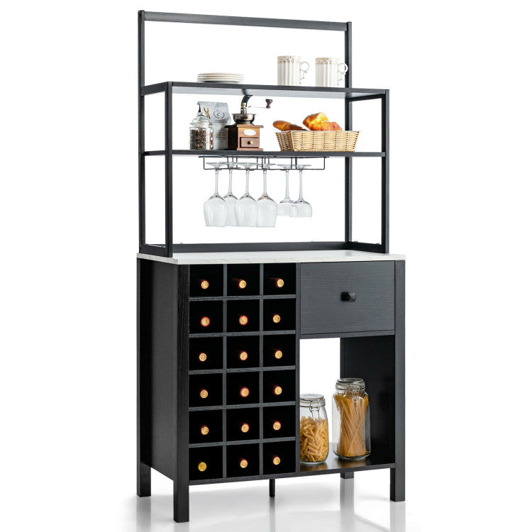 Multifunctional Wine Bakers Rack Table Kitchen Freestanding Floor Bar Cabinet with Glass Holder and Drawer for Dining Room