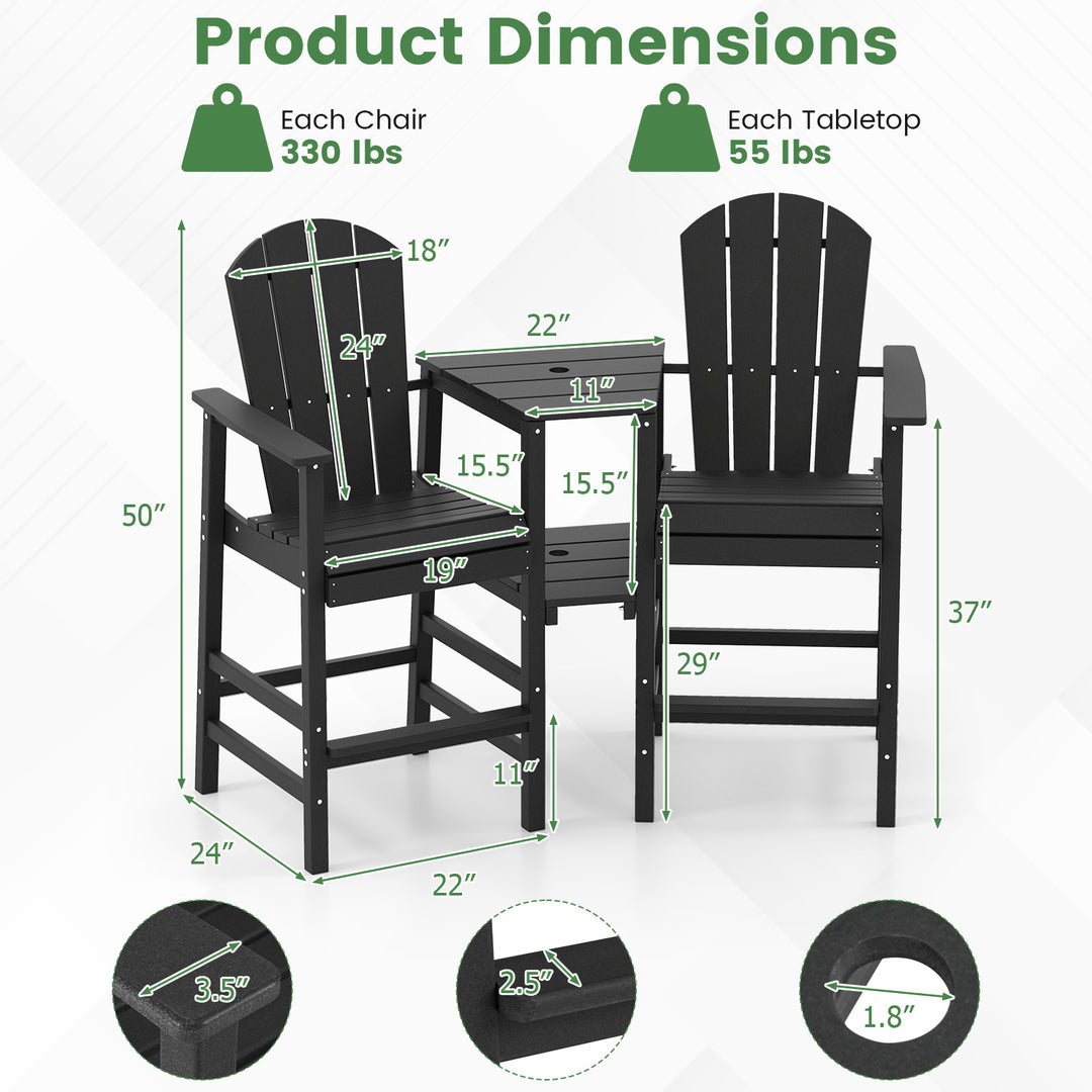 Tall 2-Seat Adirondack Chair, All-Weather Adirondack Chair with Double Connecting Tray, Umbrella Hole, High Backrest, HDPE Patio Barstool for Deck, Lawn, Poolside, Gray/Black
