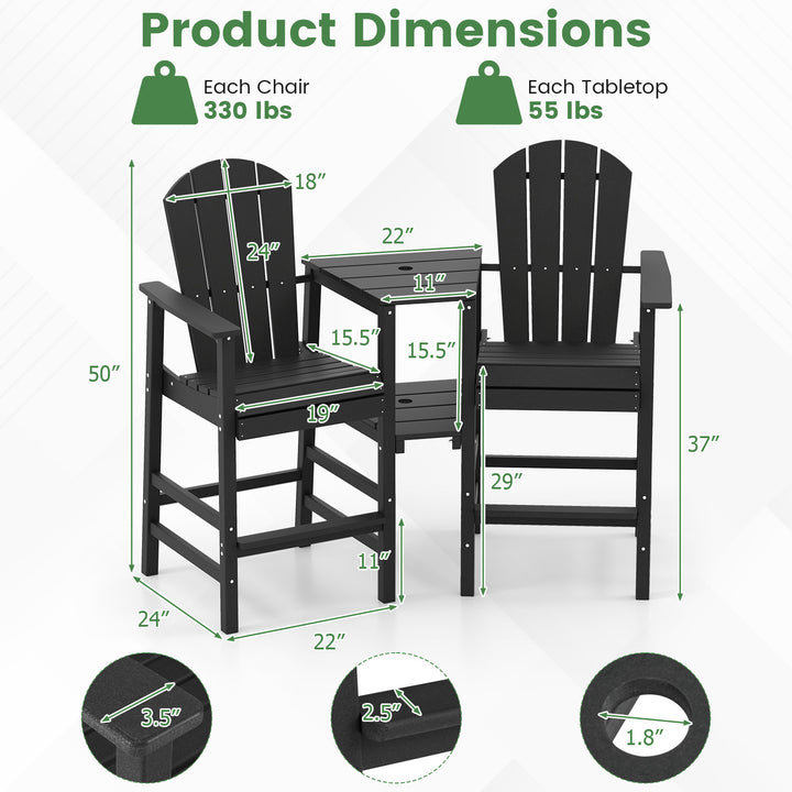 Tall 2-Seat Adirondack Chair, All-Weather Adirondack Chair with Double Connecting Tray, Umbrella Hole, High Backrest, HDPE Patio Barstool for Deck, Lawn, Poolside, Gray/Black