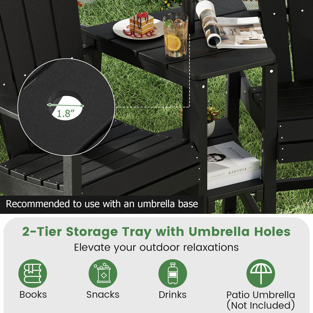 Tall 2-Seat Adirondack Chair, All-Weather Adirondack Chair with Double Connecting Tray, Umbrella Hole, High Backrest, HDPE Patio Barstool for Deck, Lawn, Poolside, Gray/Black