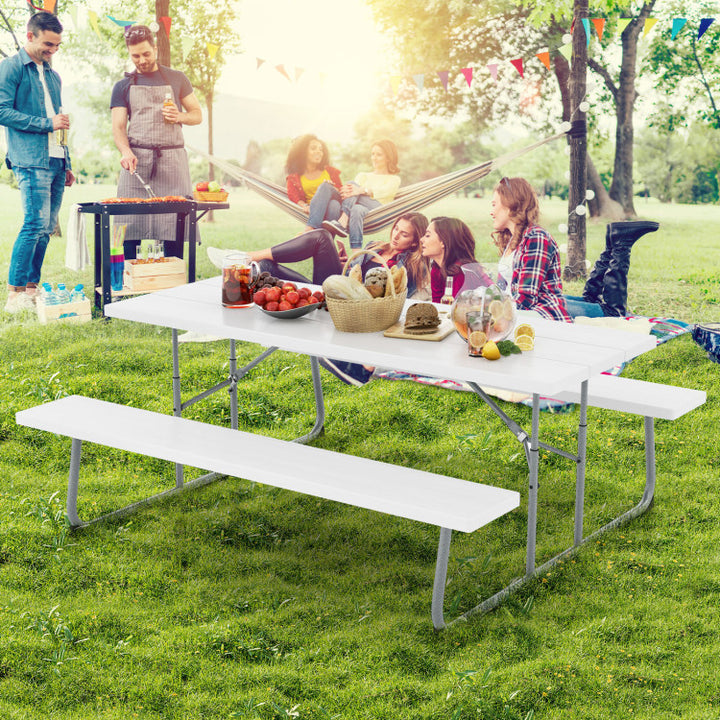 Outdoor All-Weather HDPE Camping Table Set Foldable Picnic Dining Table Bench Set with Umbrella Hole