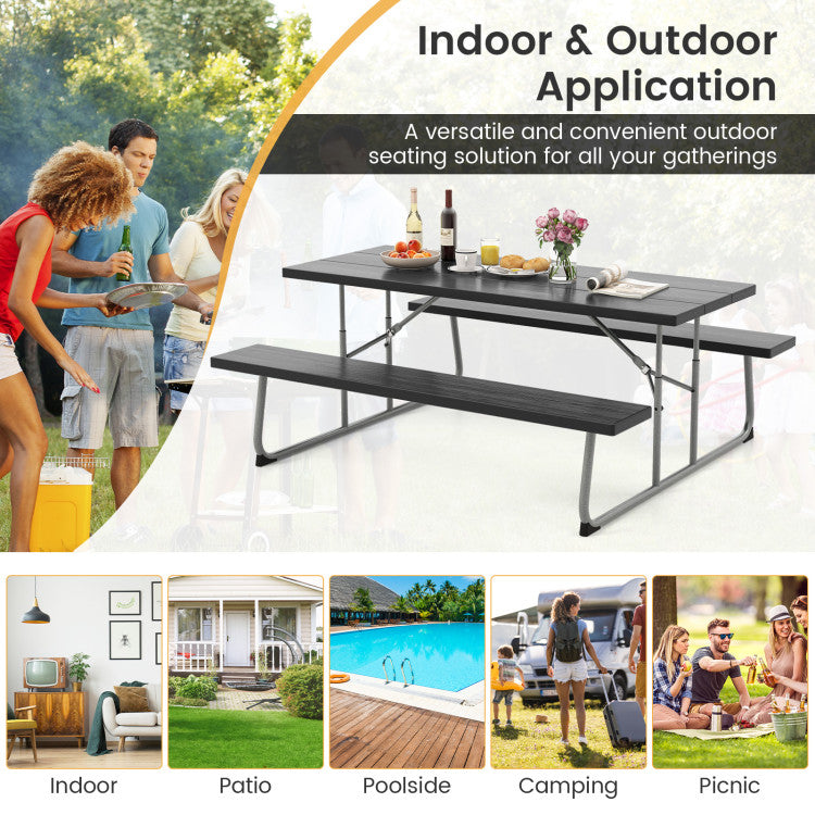 Outdoor All-Weather HDPE Camping Table Set Foldable Picnic Dining Table Bench Set with Umbrella Hole