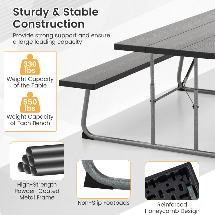 Outdoor All-Weather HDPE Camping Table Set Foldable Picnic Dining Table Bench Set with Umbrella Hole