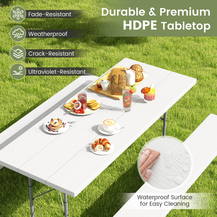 Outdoor All-Weather HDPE Camping Table Set Foldable Picnic Dining Table Bench Set with Umbrella Hole