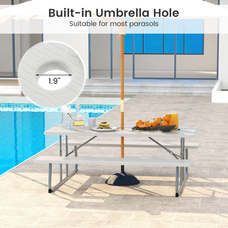 Outdoor All-Weather HDPE Camping Table Set Foldable Picnic Dining Table Bench Set with Umbrella Hole