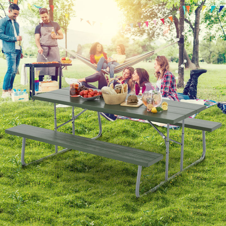 Outdoor All-Weather HDPE Camping Table Set Foldable Picnic Dining Table Bench Set with Umbrella Hole