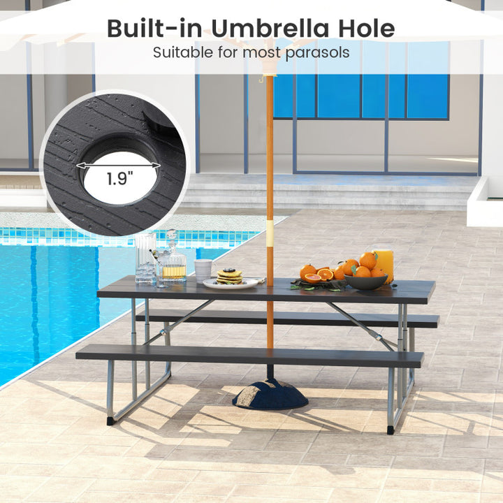 Outdoor All-Weather HDPE Camping Table Set Foldable Picnic Dining Table Bench Set with Umbrella Hole