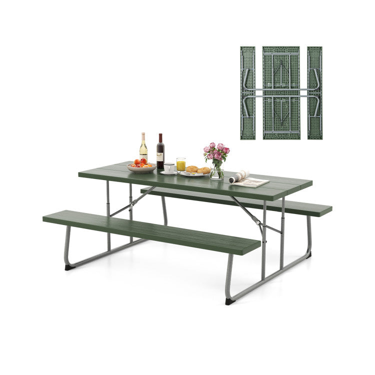 Outdoor All-Weather HDPE Camping Table Set Foldable Picnic Dining Table Bench Set with Umbrella Hole