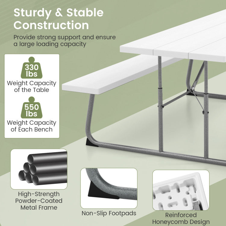 Outdoor All-Weather HDPE Camping Table Set Foldable Picnic Dining Table Bench Set with Umbrella Hole