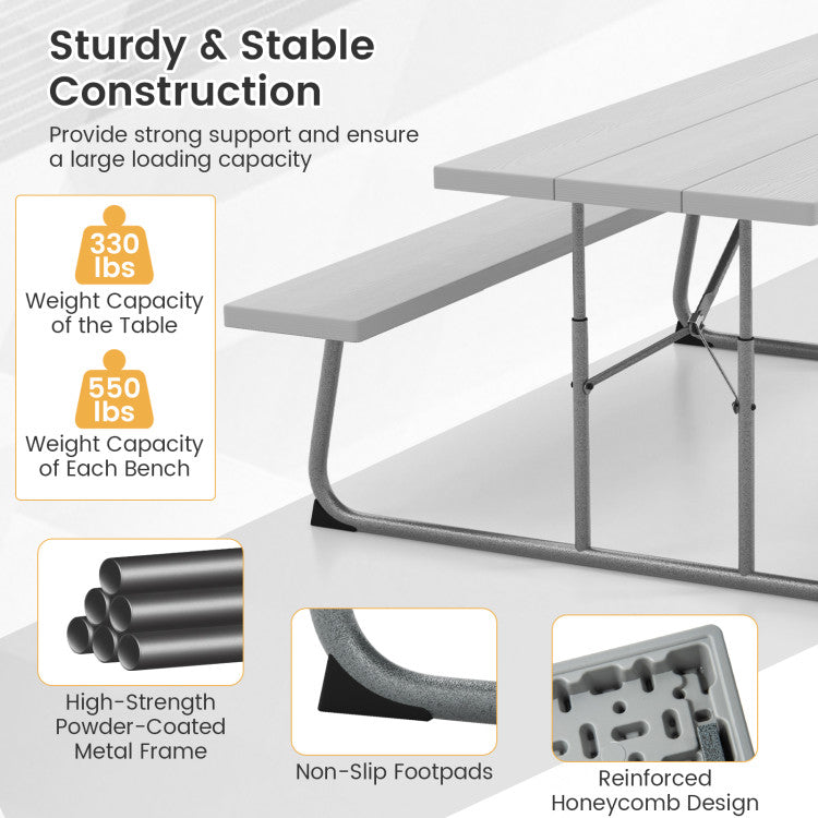 Outdoor All-Weather HDPE Camping Table Set Foldable Picnic Dining Table Bench Set with Umbrella Hole