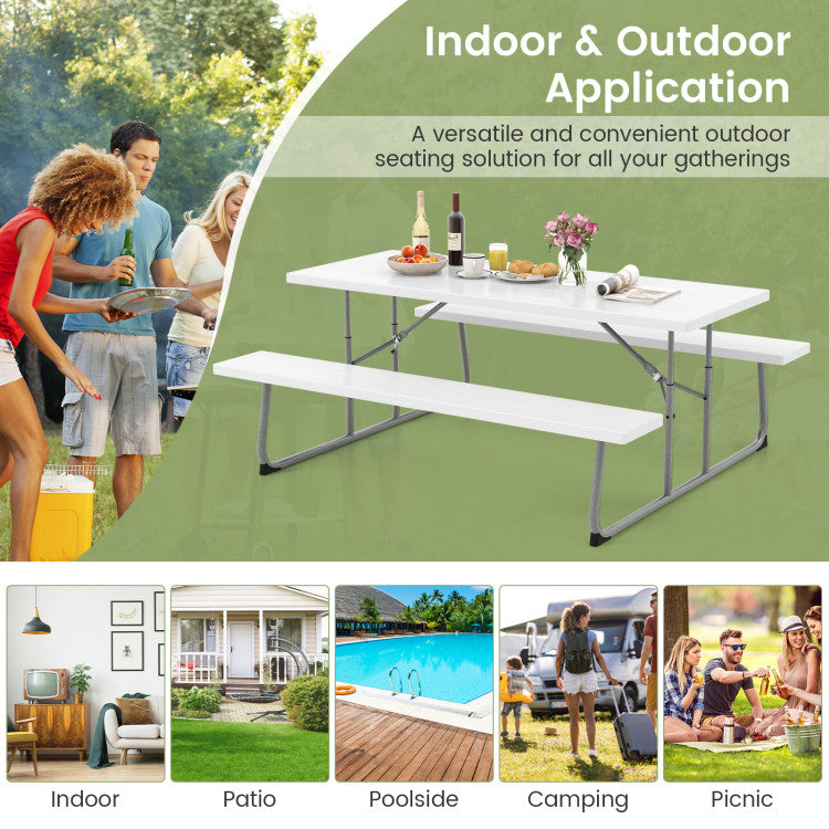 Outdoor All-Weather HDPE Camping Table Set Foldable Picnic Dining Table Bench Set with Umbrella Hole