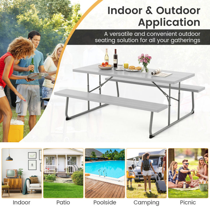 Outdoor All-Weather HDPE Camping Table Set Foldable Picnic Dining Table Bench Set with Umbrella Hole
