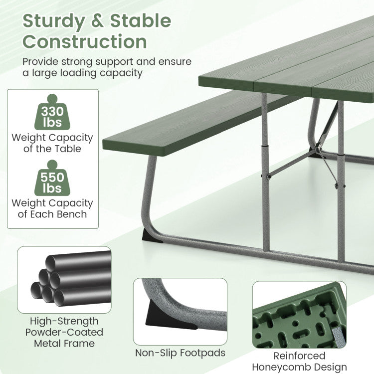 Outdoor All-Weather HDPE Camping Table Set Foldable Picnic Dining Table Bench Set with Umbrella Hole