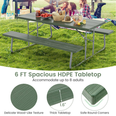 Outdoor All-Weather HDPE Camping Table Set Foldable Picnic Dining Table Bench Set with Umbrella Hole