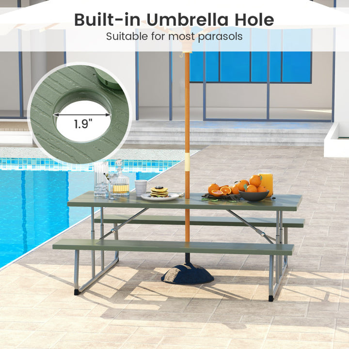 Outdoor All-Weather HDPE Camping Table Set Foldable Picnic Dining Table Bench Set with Umbrella Hole