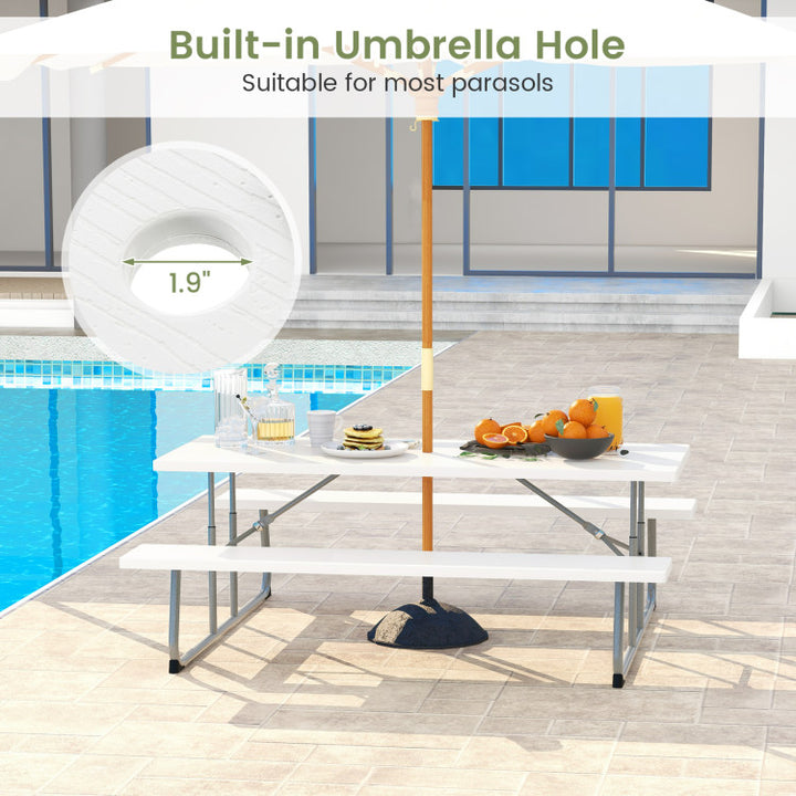 Outdoor All-Weather HDPE Camping Table Set Foldable Picnic Dining Table Bench Set with Umbrella Hole