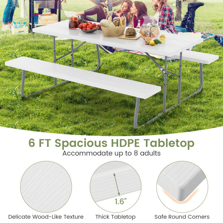 Outdoor All-Weather HDPE Camping Table Set Foldable Picnic Dining Table Bench Set with Umbrella Hole