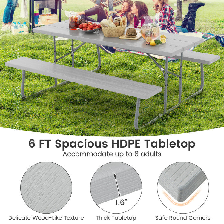 Outdoor All-Weather HDPE Camping Table Set Foldable Picnic Dining Table Bench Set with Umbrella Hole