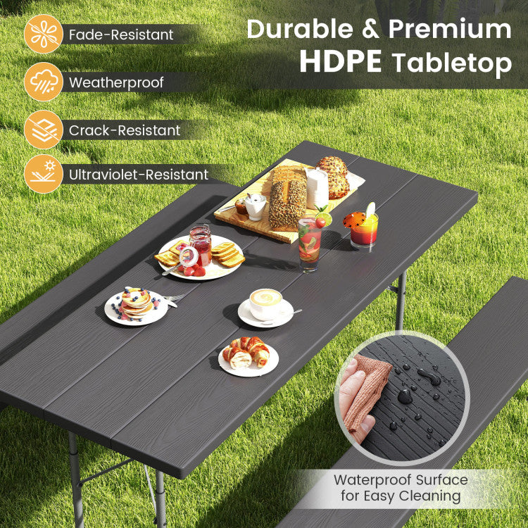 Outdoor All-Weather HDPE Camping Table Set Foldable Picnic Dining Table Bench Set with Umbrella Hole