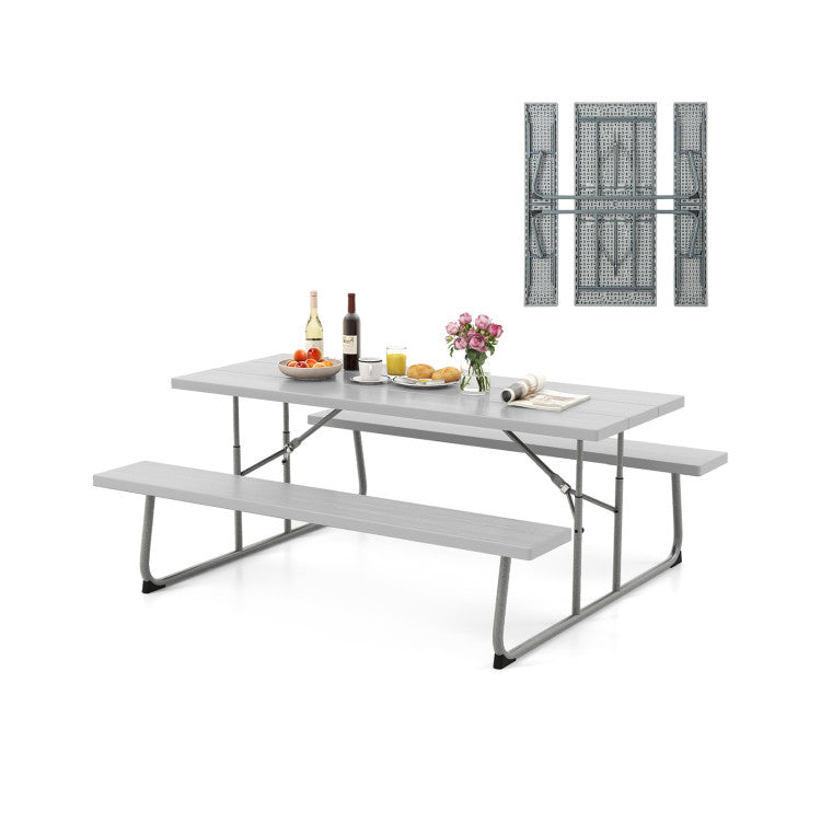 Outdoor All-Weather HDPE Camping Table Set Foldable Picnic Dining Table Bench Set with Umbrella Hole