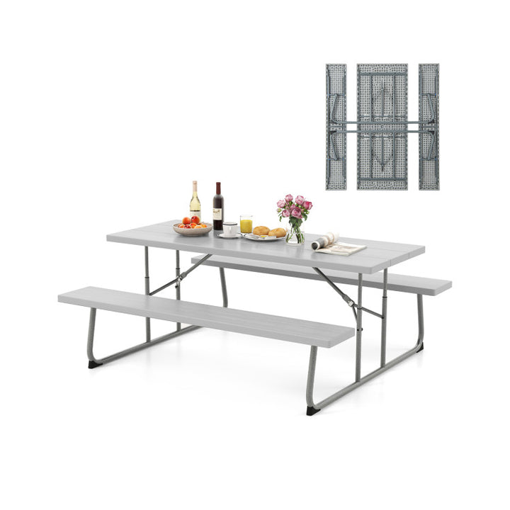 Outdoor All-Weather HDPE Camping Table Set Foldable Picnic Dining Table Bench Set with Umbrella Hole