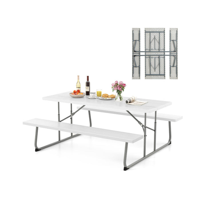 Outdoor All-Weather HDPE Camping Table Set Foldable Picnic Dining Table Bench Set with Umbrella Hole