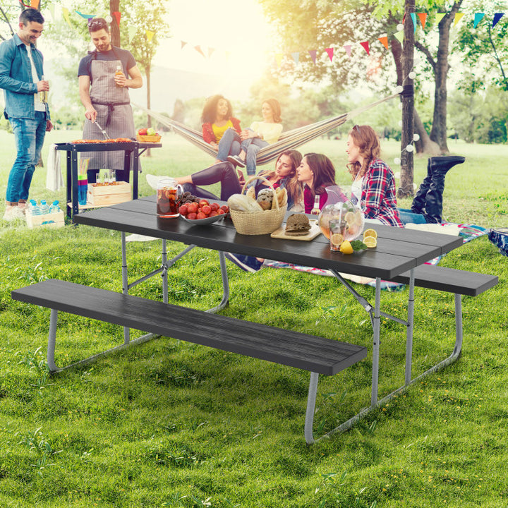 Outdoor All-Weather HDPE Camping Table Set Foldable Picnic Dining Table Bench Set with Umbrella Hole