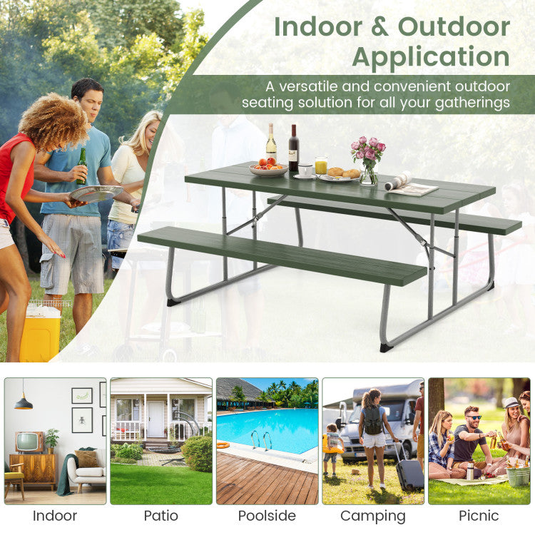 Outdoor All-Weather HDPE Camping Table Set Foldable Picnic Dining Table Bench Set with Umbrella Hole
