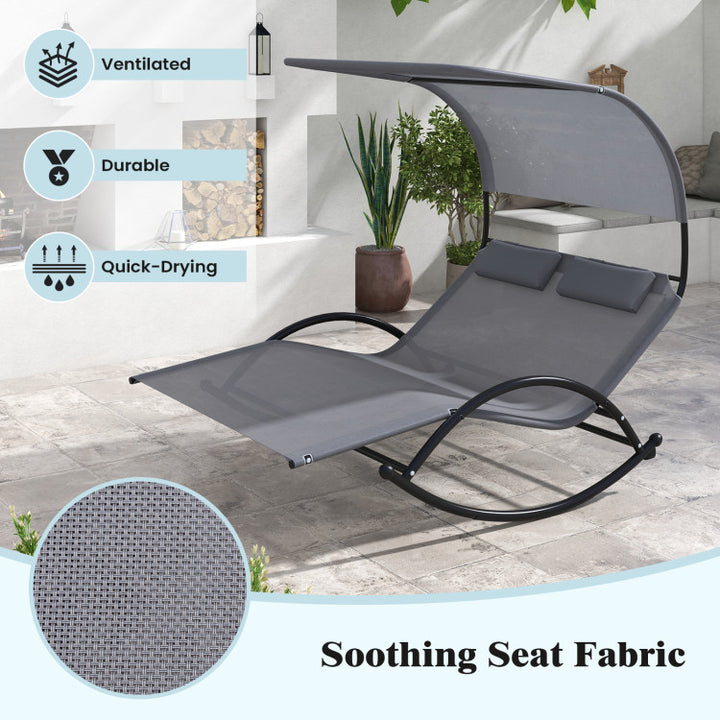 Outdoor Double Chaise Lounge 2-Person Rocking Chair with Canopy  and Headrest Pillows