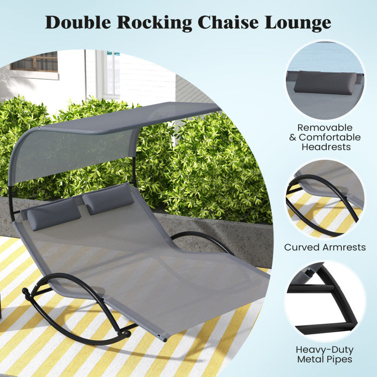 Outdoor Double Chaise Lounge 2-Person Rocking Chair with Canopy  and Headrest Pillows