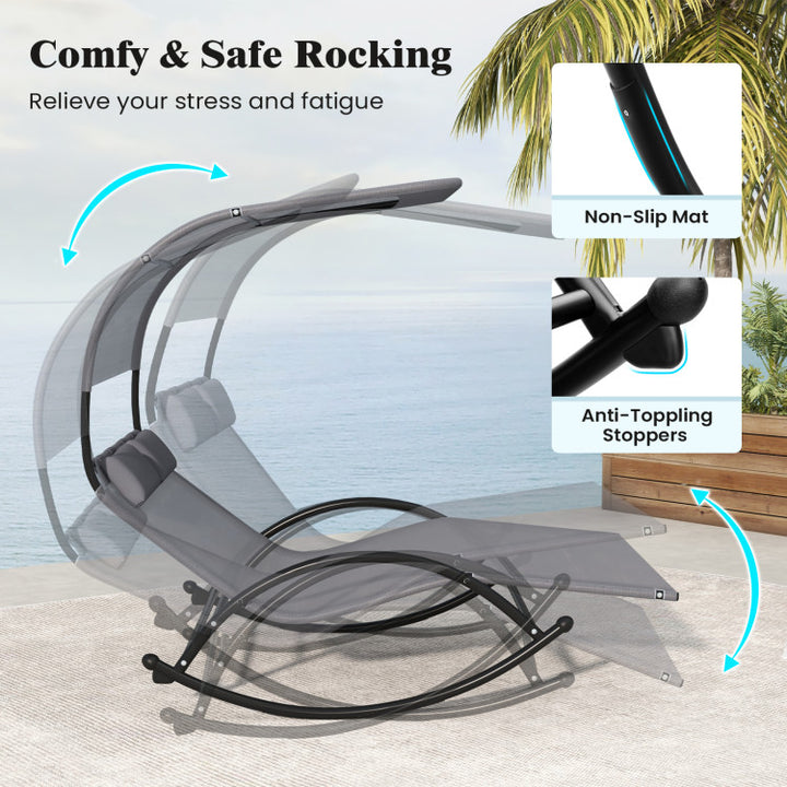 Outdoor Double Chaise Lounge 2-Person Rocking Chair with Canopy  and Headrest Pillows