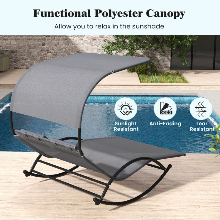 Outdoor Double Chaise Lounge 2-Person Rocking Chair with Canopy  and Headrest Pillows