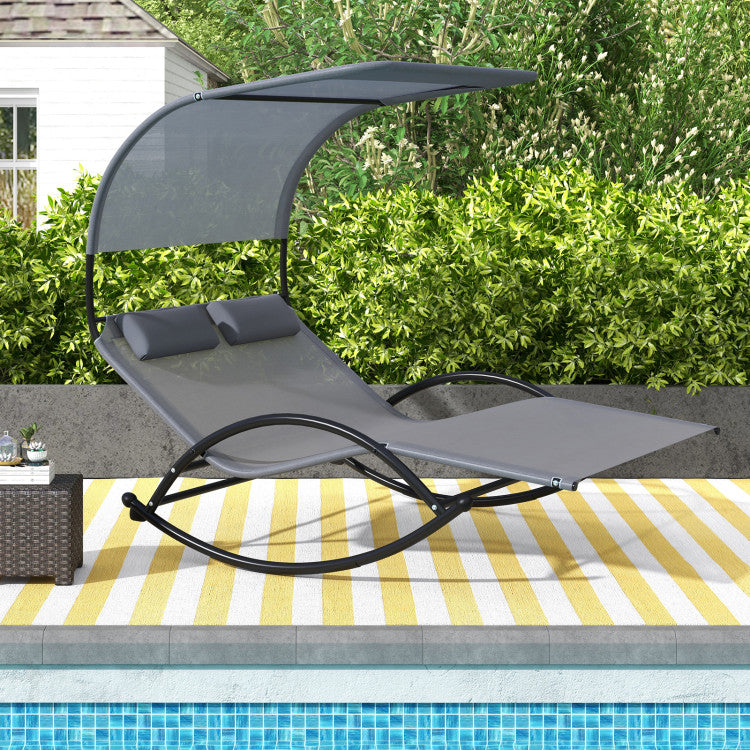 Outdoor Double Chaise Lounge 2-Person Rocking Chair with Canopy  and Headrest Pillows