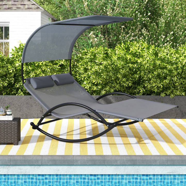 Outdoor Double Chaise Lounge 2-Person Rocking Chair with Canopy  and Headrest Pillows