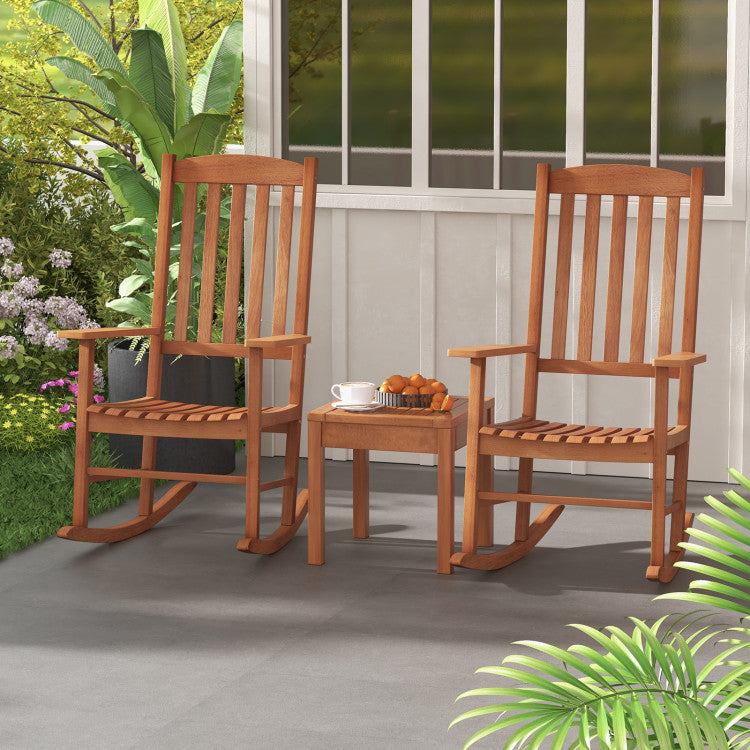 Outdoor Eucalyptus Wood Rocking Chair Patio Slatted Rocker with High Backrest