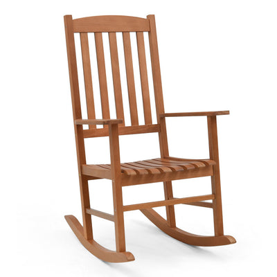 Outdoor Eucalyptus Wood Rocking Chair Patio Slatted Rocker with High Backrest