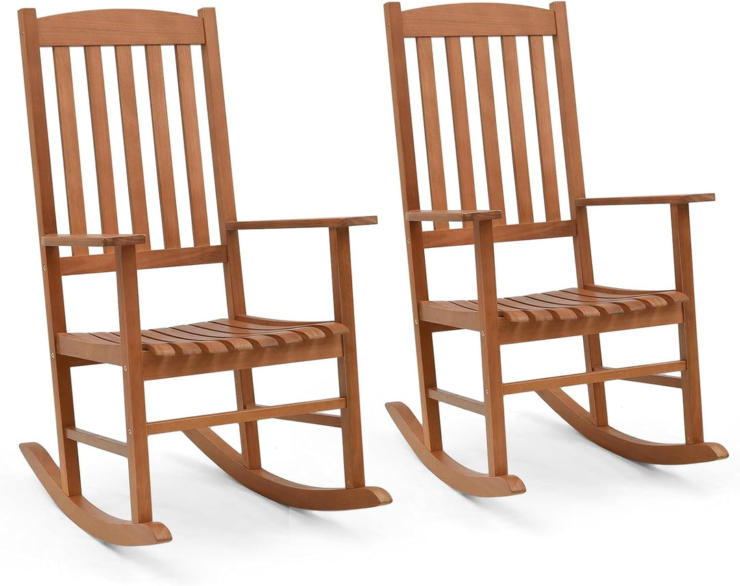 Outdoor Eucalyptus Wood Rocking Chair Patio Slatted Rocker with High Backrest