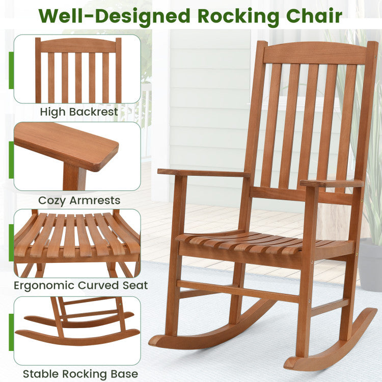Outdoor Eucalyptus Wood Rocking Chair Patio Slatted Rocker with High Backrest