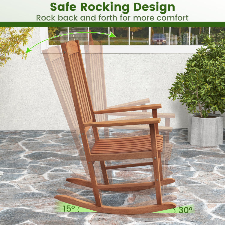 Outdoor Eucalyptus Wood Rocking Chair Patio Slatted Rocker with High Backrest