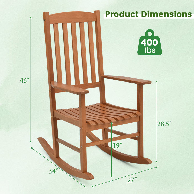 Outdoor Eucalyptus Wood Rocking Chair Patio Slatted Rocker with High Backrest